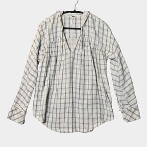 Free People Plaid Hooded Gauze Long Sleeve Top Blue White M Beachy Boho Casual